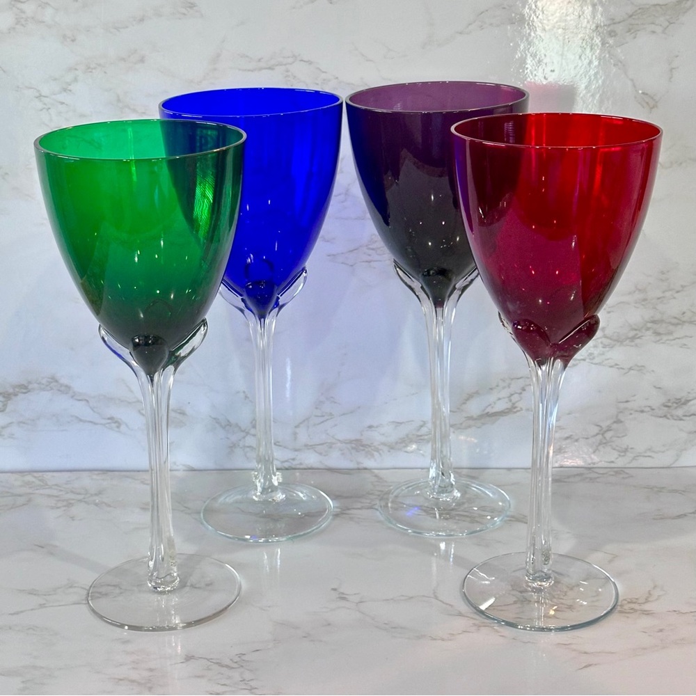 Four (4) Murano Art Glass Rainbow Jewel Toned Long Stem Wine Water Goblets EXC!